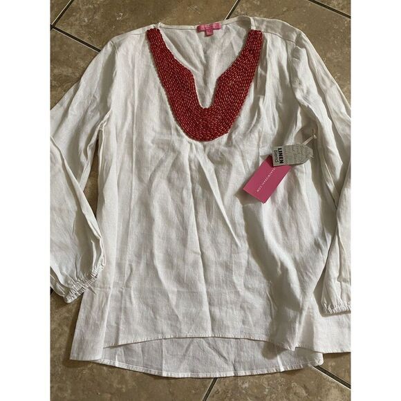 Isaac Mizrahi L Stone Embellished Linen Blend Tunic Top Blouse Beaded New - Picture 1 of 7